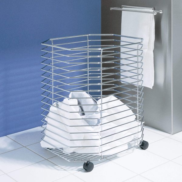 Laundry basket on wheels, chrome plated